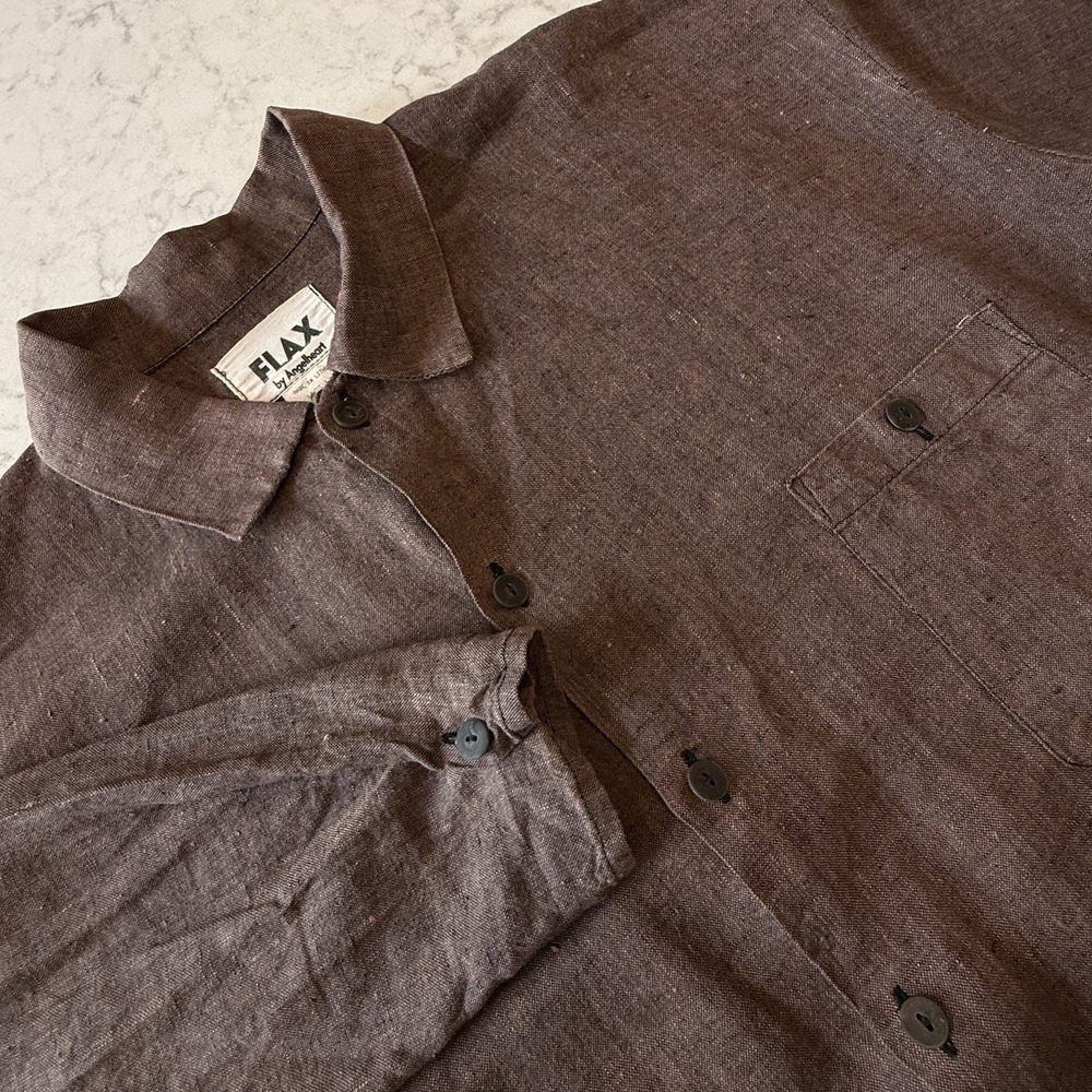 FLAX by Angelheart 100% Linen Button Up Shirt Oversized Large Brown Vintage 80s